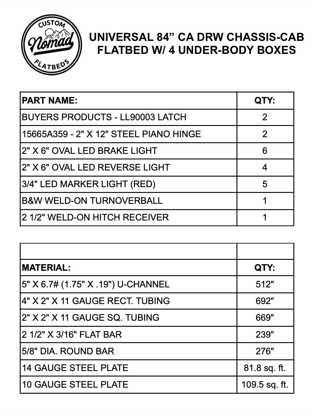 UNIVERSAL 84"CA Chassis-Cab 3500/5500 Flatbed W/ 4 Under-Body Boxes