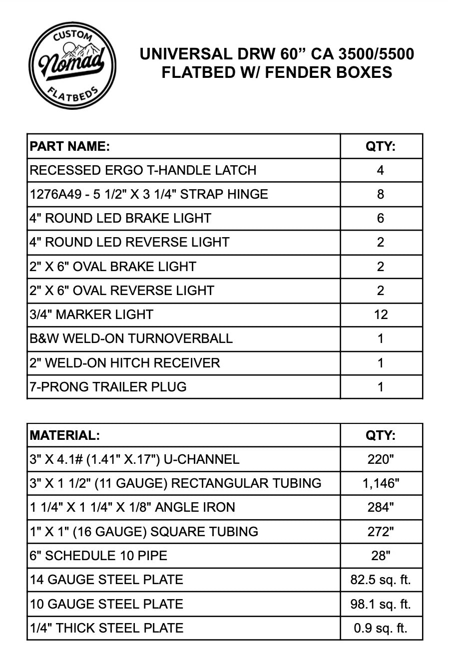UNIVERSAL 60"CA Chassis-Cab 3500/5500 Flatbed W/ Fender Boxes