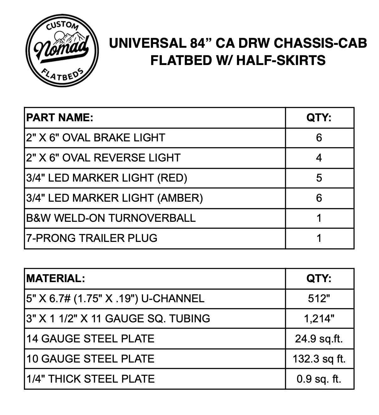UNIVERSAL 84"CA Chassis-Cab 3500/5500 Flatbed W/ Half-Skirts