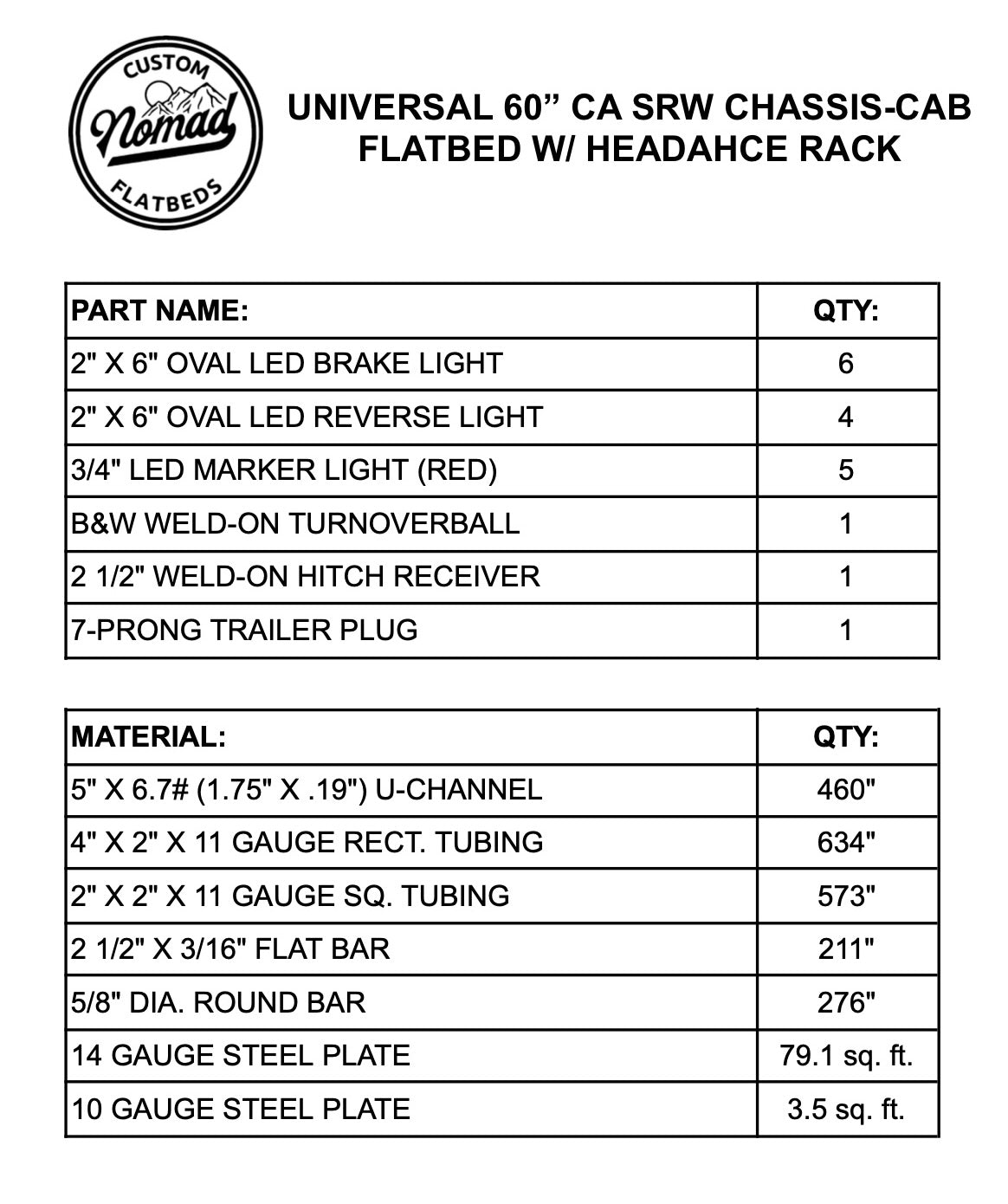 UNIVERSAL 60"CA Chassis-Cab 3500 Flatbed W/ Headache Rack