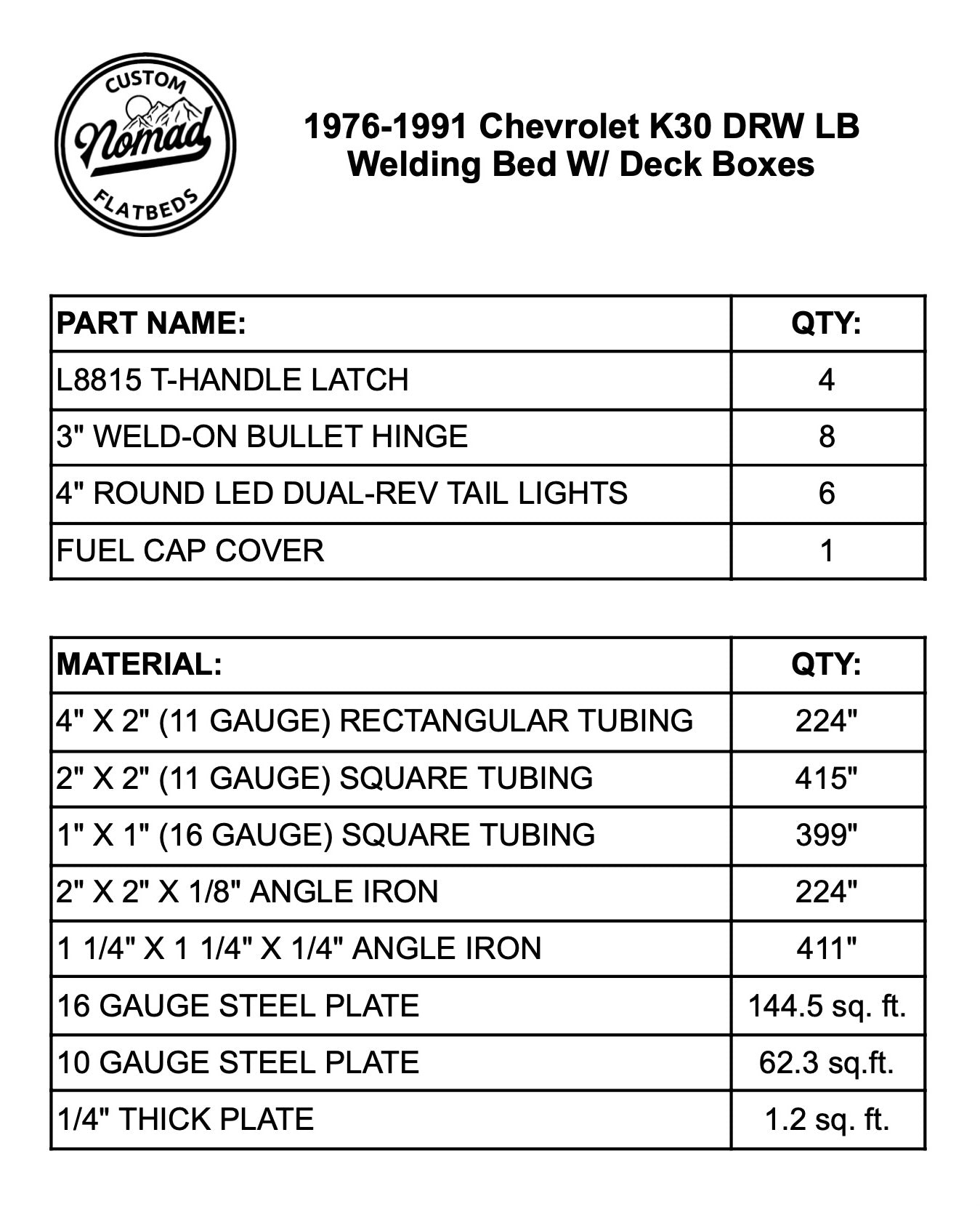 1976-1991 GM C/K30 Flatbed 60" CA W/ Deck Boxes