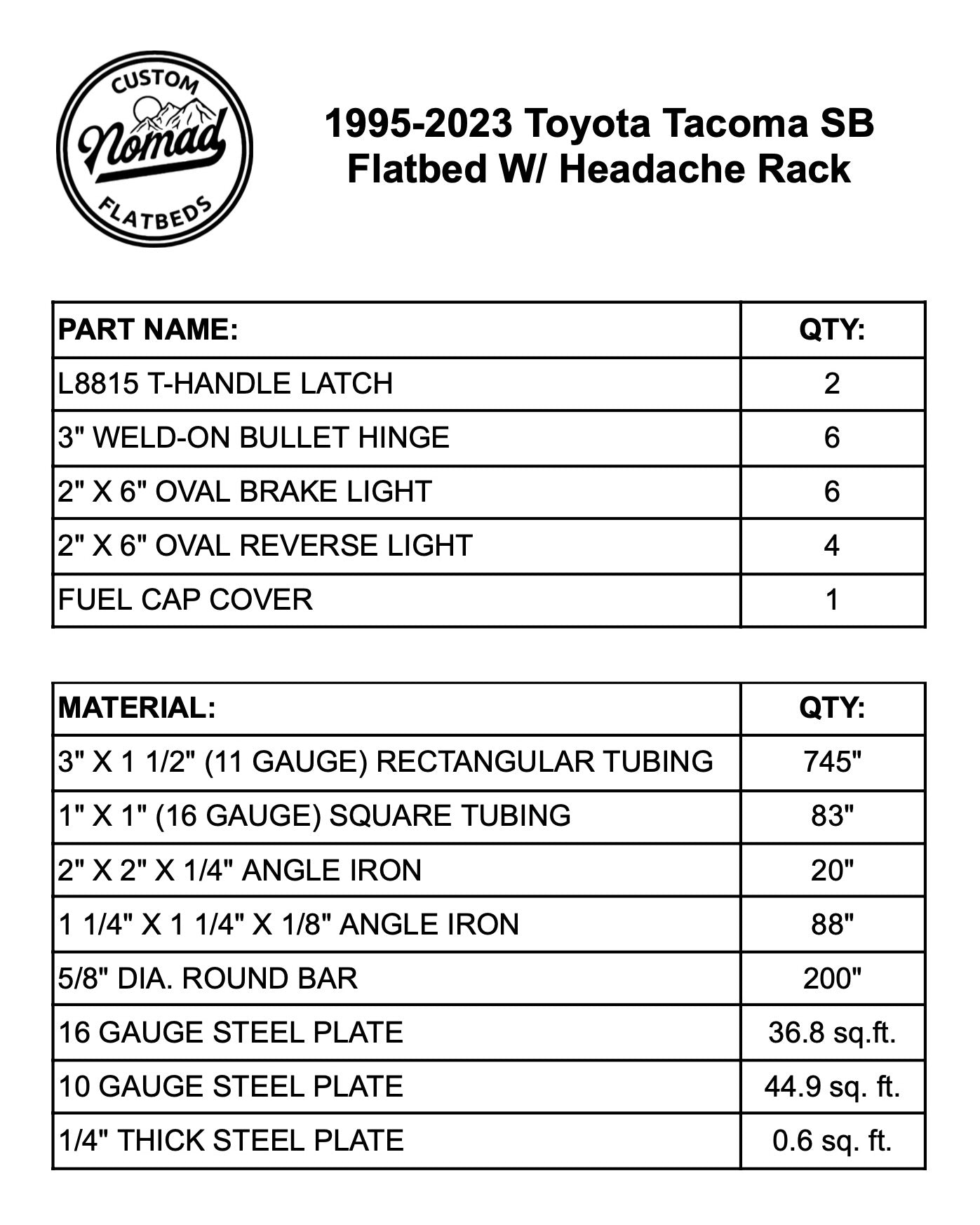 1995-2024 Toyota Tacoma Flatbed W/ Rear Fender Boxes