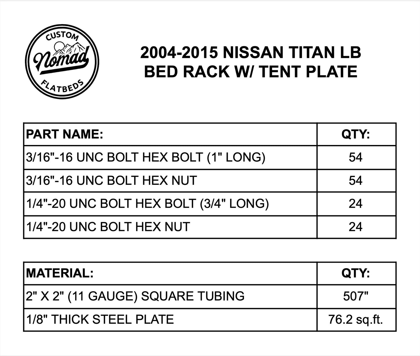 2004-2015 Nissan Titan LB Bed Rack W/ Tent Plate